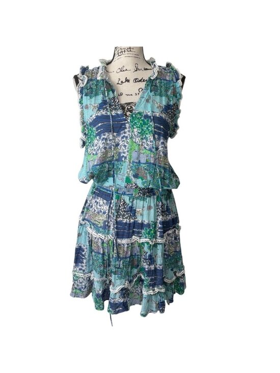 TAJ by Sabrina Crippa Dresses & Skirts - Taj By Sabrina Crippa Womens Size L Tiered Dress Sleeveless Blue Green Patchwork